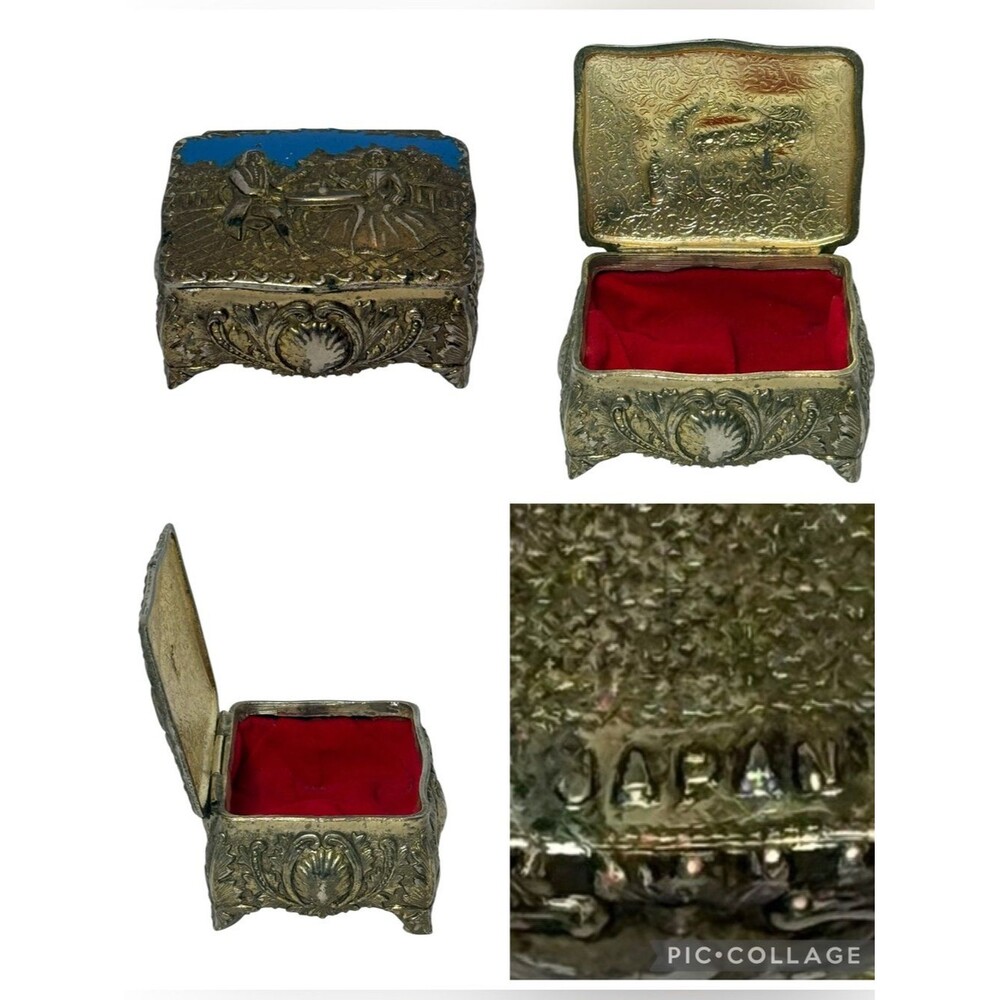 Vintage Repousse Metal Enamel Trinket Jewelry Box Courting Couple Made in Japan